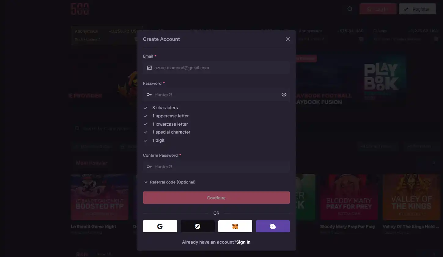 500 Casino public account access or registration interface