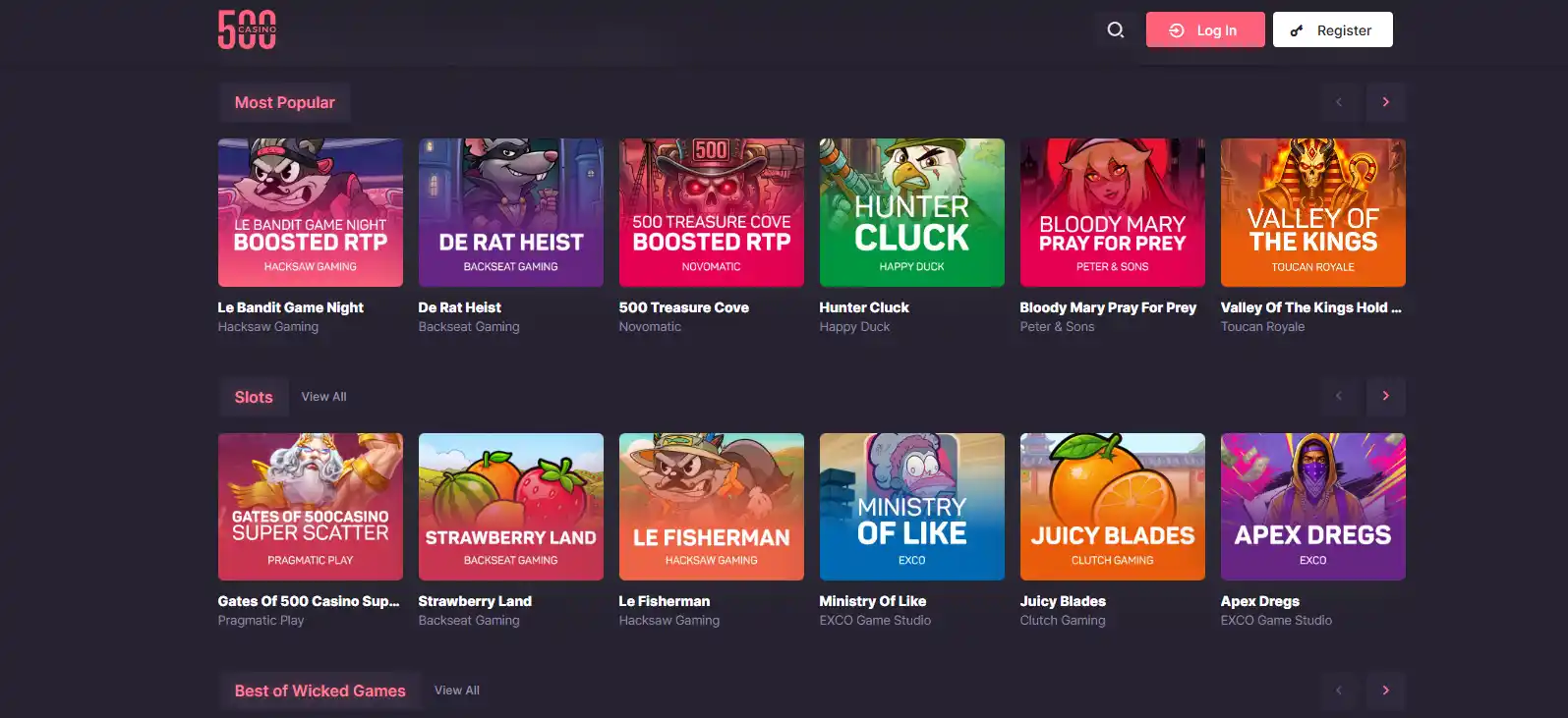 500 Casino public games lobby with category navigation and game tiles