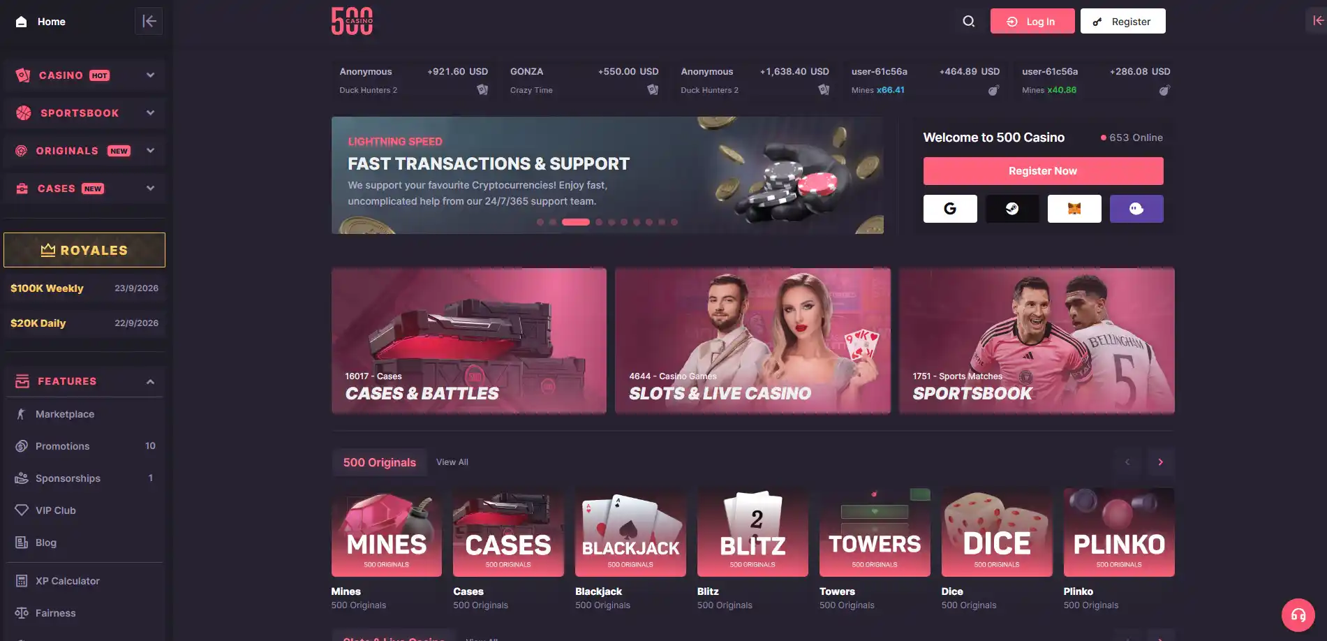 500 Casino homepage showing brand identity and main navigation