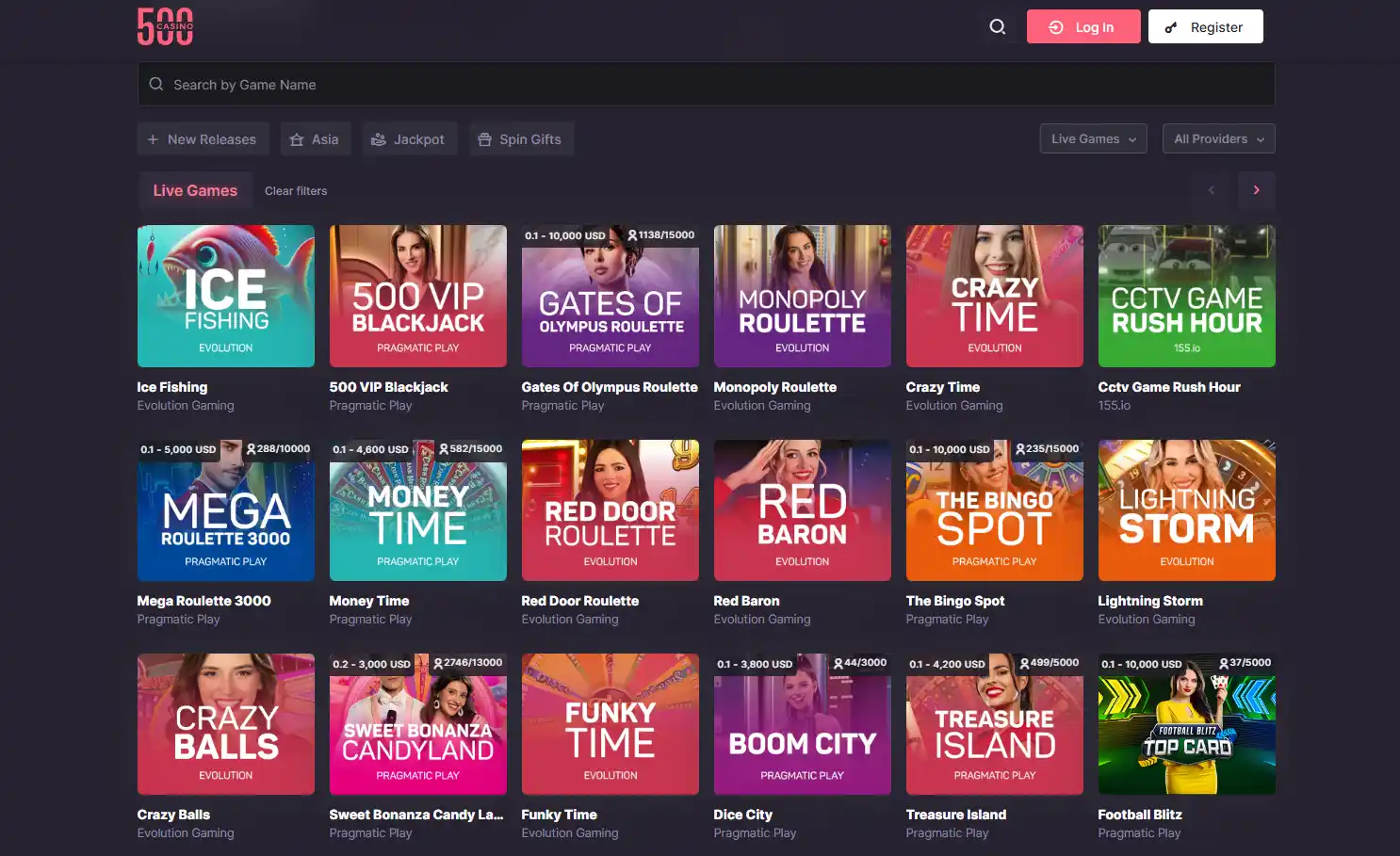 500 Casino public live casino section with live table categories and tiles
