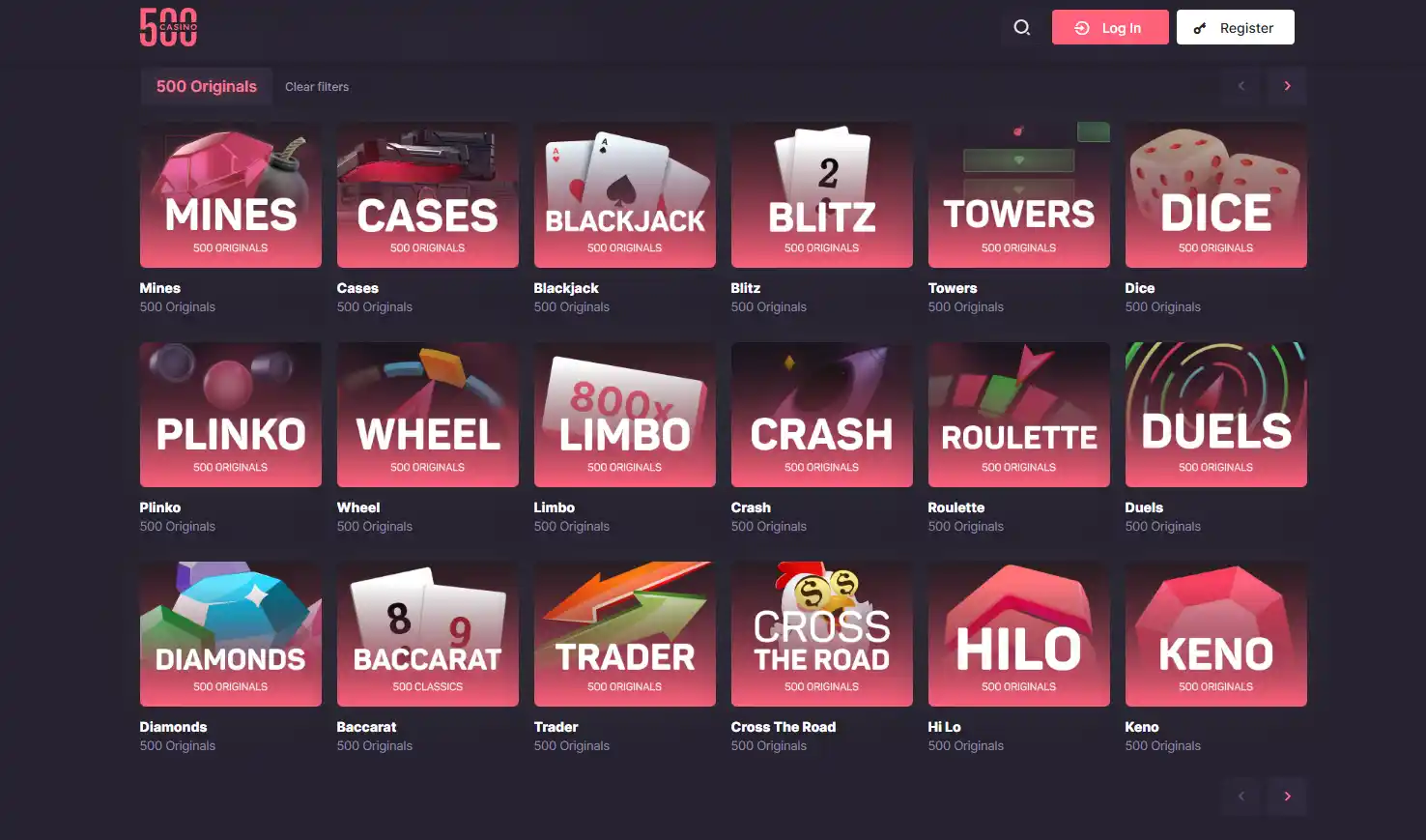 500 Casino public Originals area with in-house game tiles