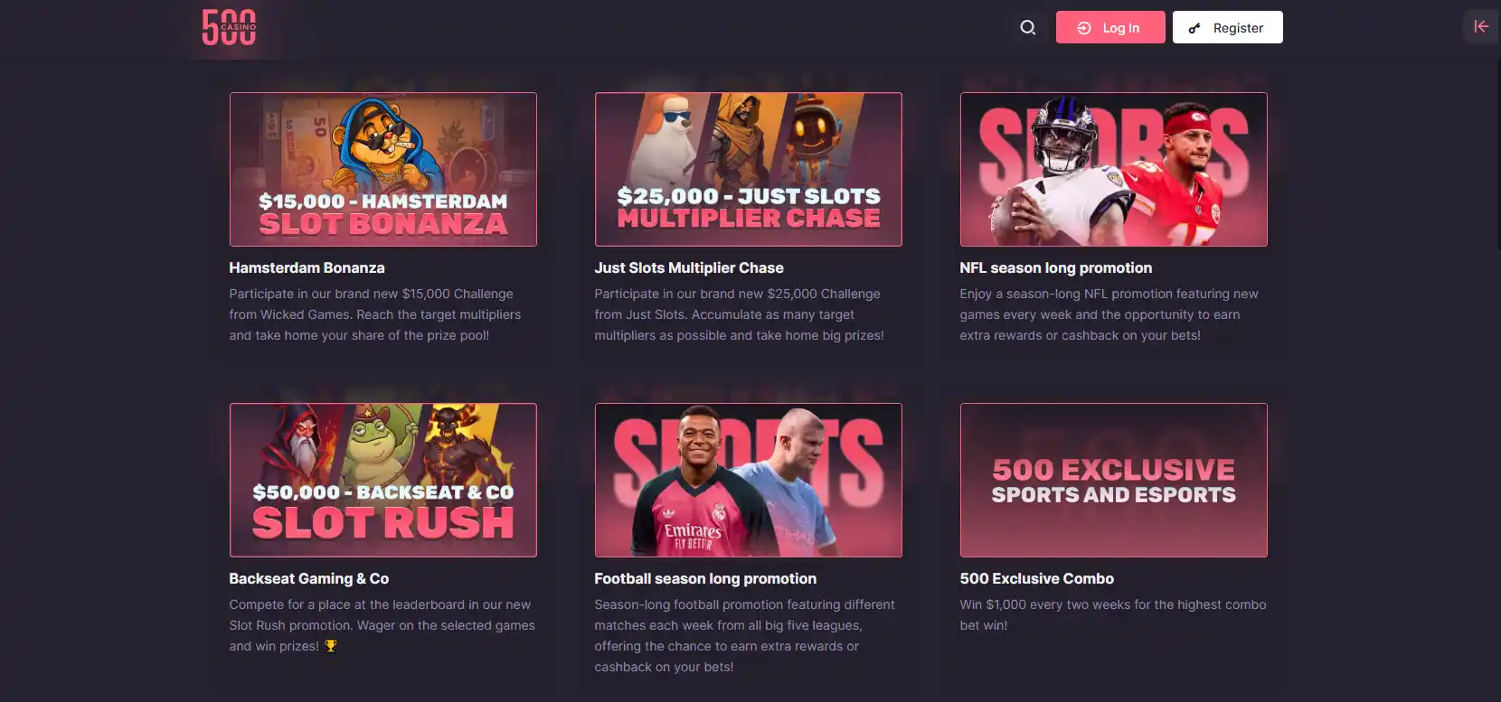 500 Casino public rewards area showing bonus or rakeback information
