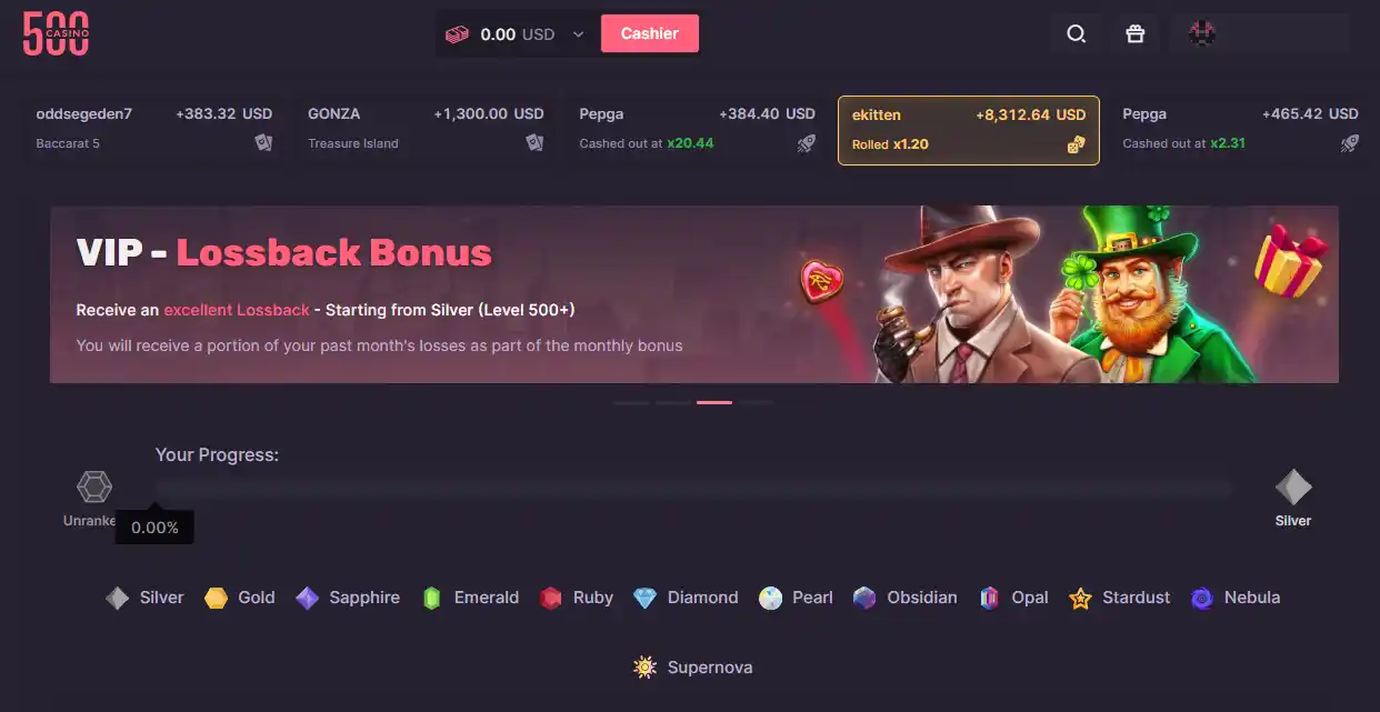500 Casino public VIP area showing loyalty progression and rakeback information